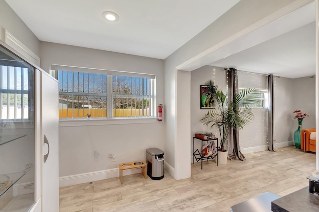 sitting room with wood finished floors, a wealth of natural light, and baseboards