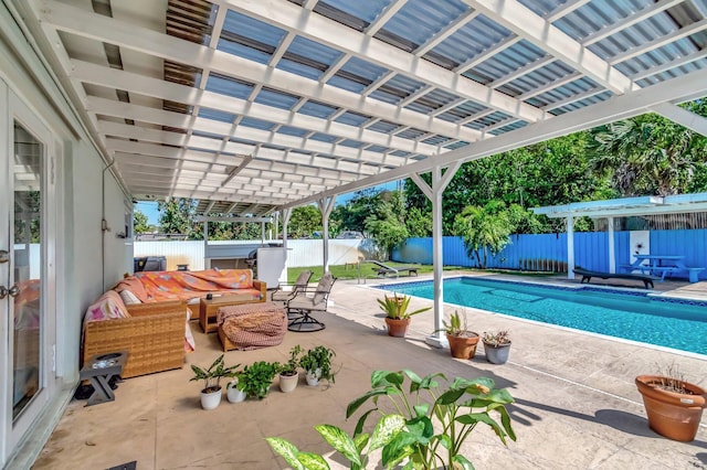 view of swimming pool with a patio area, a fenced backyard, a pergola, and a fenced in pool