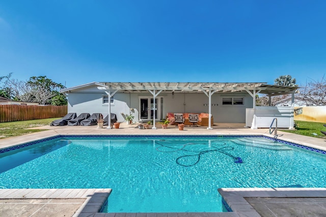 rear view of house with a fenced in pool, fence, and a pergola