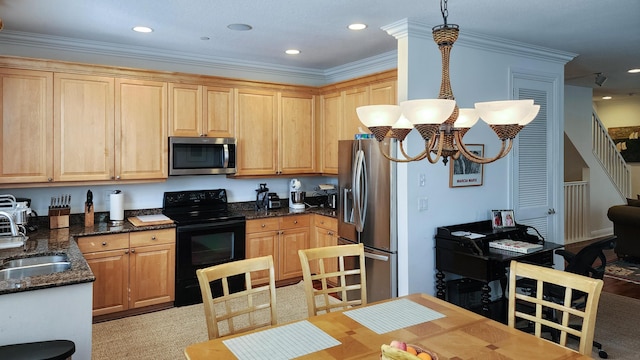 kitchen with light brown cabinetry, a notable chandelier, appliances with stainless steel finishes, and crown molding