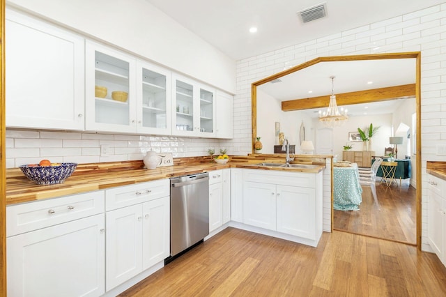 kitchen with visible vents, light wood-style flooring, butcher block countertops, dishwasher, and a peninsula