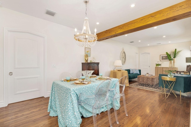 dining room with recessed lighting, a notable chandelier, wood finished floors, visible vents, and beamed ceiling