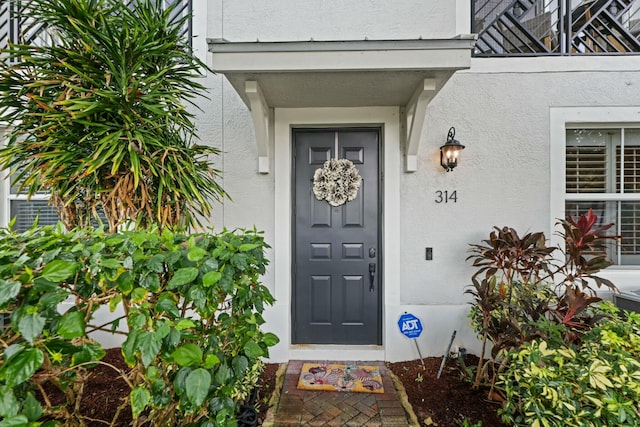 view of exterior entry featuring stucco siding