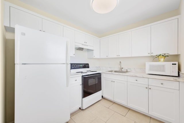 kitchen featuring light countertops, white cabinets, a sink, white appliances, and under cabinet range hood