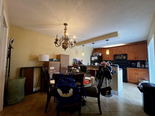 dining area featuring light tile patterned floors, a textured ceiling, and a notable chandelier