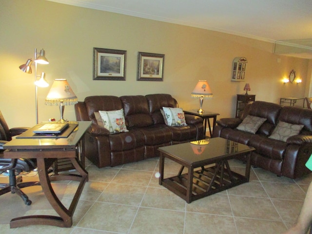 living area featuring light tile patterned floors and crown molding