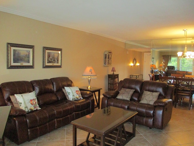 living room with an inviting chandelier, light tile patterned floors, and crown molding