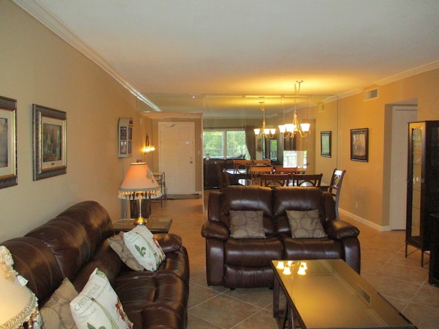 tiled living room with a notable chandelier, baseboards, visible vents, and crown molding