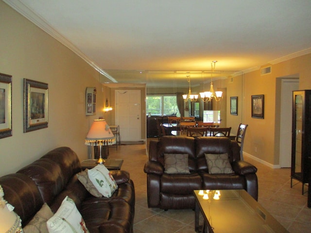 tiled living area with a chandelier, visible vents, crown molding, and baseboards