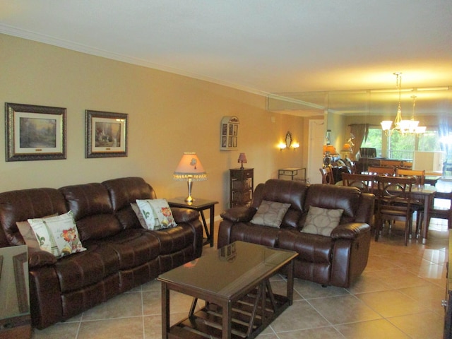 living area with light tile patterned floors, a chandelier, and ornamental molding