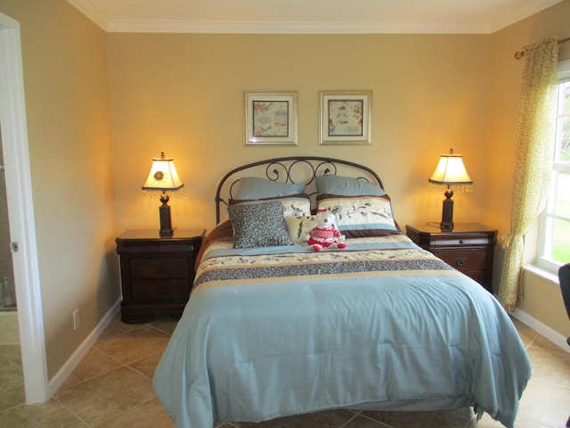 tiled bedroom with baseboards and crown molding