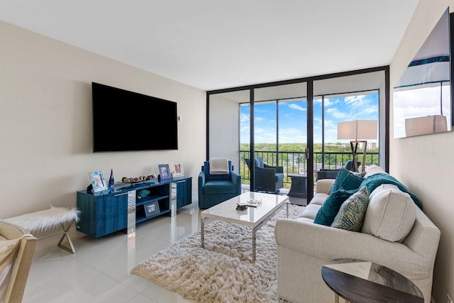 tiled living area with expansive windows