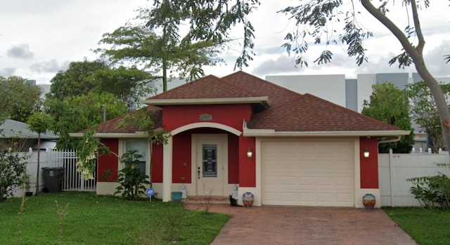 view of front facade with decorative driveway, an attached garage, fence, and a front yard