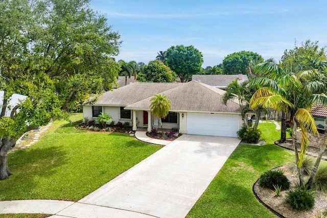 single story home featuring a garage, driveway, a shingled roof, and a front lawn