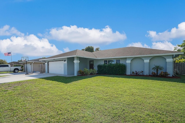 ranch-style home featuring driveway, a front lawn, an attached garage, and stucco siding