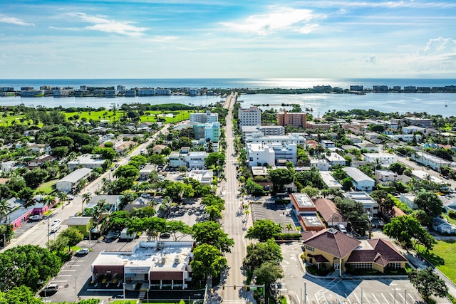 bird's eye view with a water view