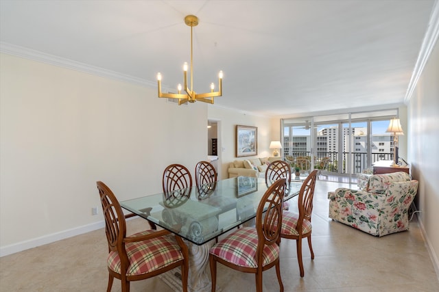 dining space with baseboards, a wall of windows, an inviting chandelier, and crown molding