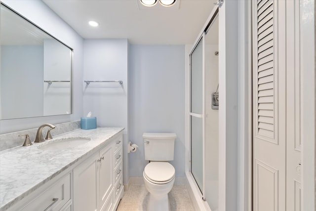 full bath featuring a stall shower, vanity, toilet, and tile patterned floors