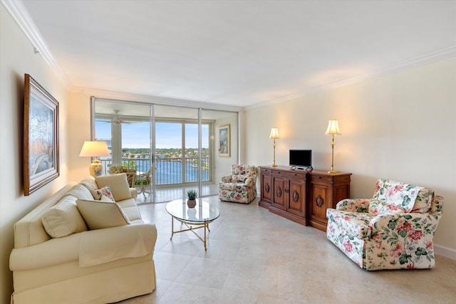 living room with floor to ceiling windows and crown molding