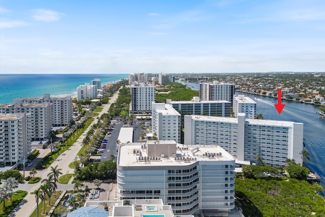 drone / aerial view with a water view and a city view