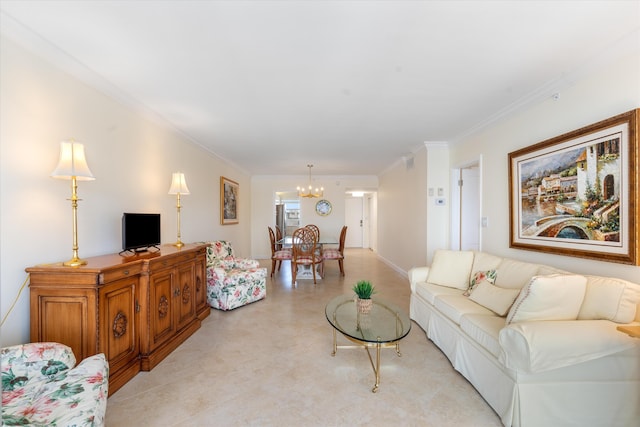 living area with a notable chandelier and crown molding