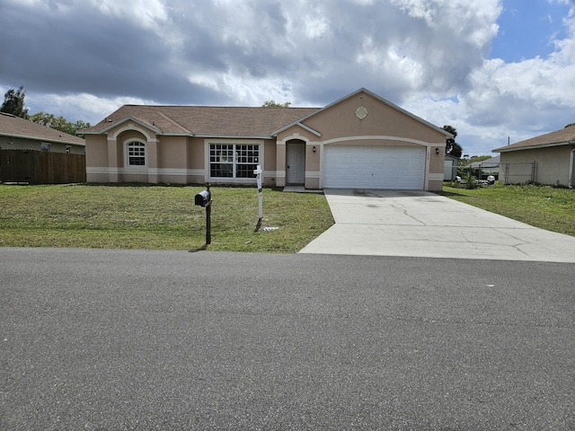 single story home featuring a garage, driveway, stucco siding, fence, and a front yard