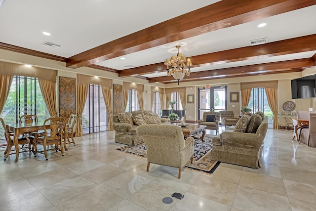 living room featuring recessed lighting, visible vents, a notable chandelier, and beamed ceiling