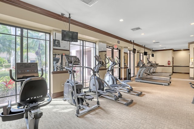 gym featuring a wealth of natural light, visible vents, and crown molding