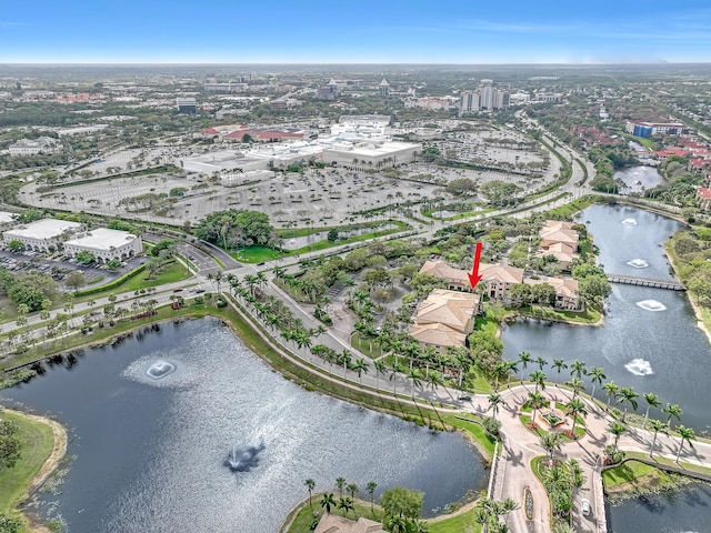 bird's eye view with a water view