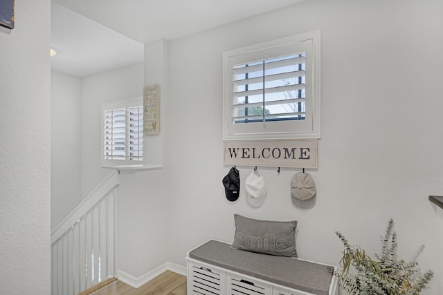 mudroom with light wood-style floors, plenty of natural light, and baseboards