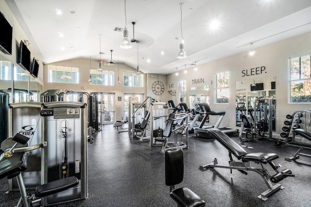 exercise room with high vaulted ceiling and visible vents