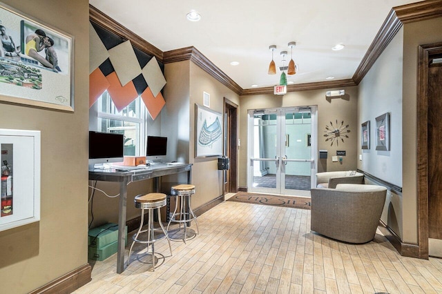 interior space with visible vents, baseboards, ornamental molding, french doors, and recessed lighting