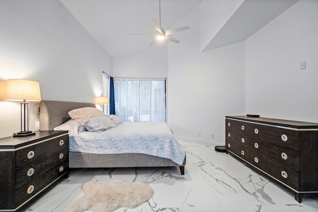 bedroom with high vaulted ceiling, marble finish floor, baseboards, and a ceiling fan