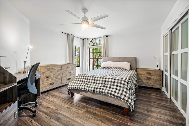 bedroom featuring a closet, a ceiling fan, and wood finished floors