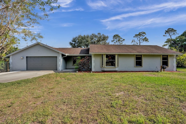 ranch-style home with a garage, concrete driveway, a front lawn, and stucco siding