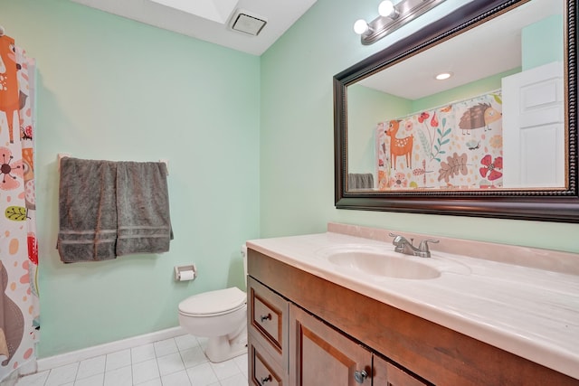 bathroom featuring visible vents, baseboards, toilet, tile patterned floors, and vanity