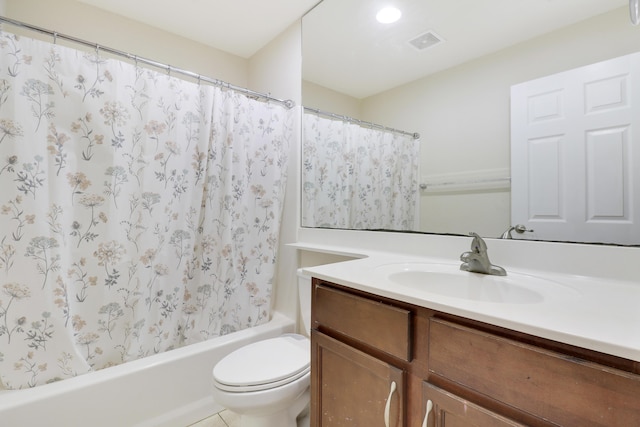 full bath with shower / bath combination with curtain, visible vents, vanity, and toilet