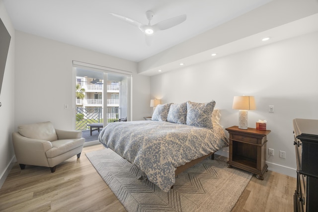 bedroom featuring recessed lighting, light wood-style floors, ceiling fan, access to outside, and baseboards