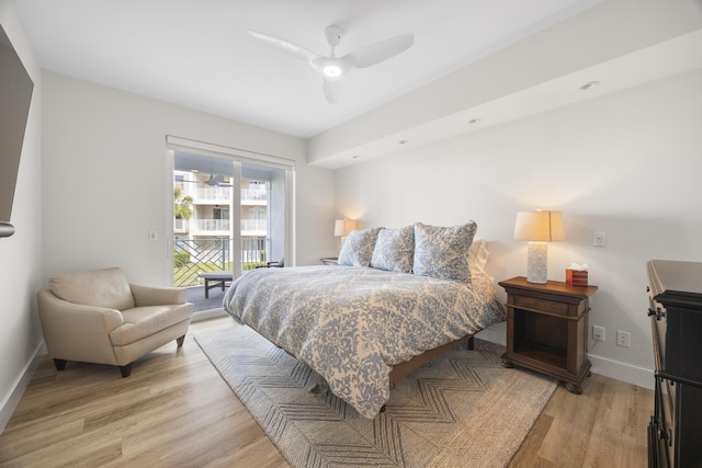 bedroom with ceiling fan, access to outside, baseboards, and light wood-style flooring