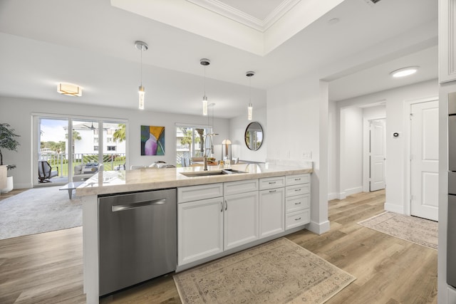 kitchen with white cabinetry, a sink, a peninsula, and stainless steel dishwasher