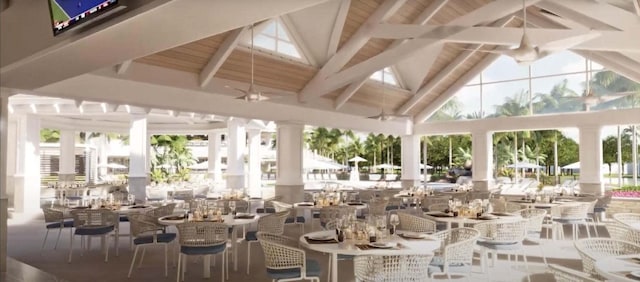 exterior space featuring lofted ceiling with skylight and a healthy amount of sunlight