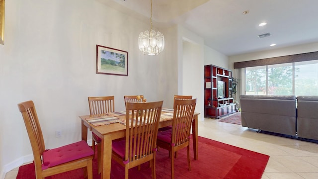 dining space with a chandelier, light tile patterned flooring, visible vents, and recessed lighting