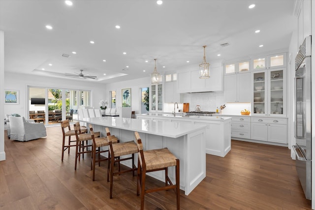 kitchen with a kitchen island with sink, white cabinetry, appliances with stainless steel finishes, dark wood-style floors, and a tray ceiling