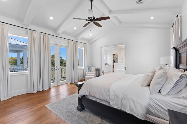 bedroom featuring visible vents, lofted ceiling with beams, access to exterior, french doors, and light wood-type flooring