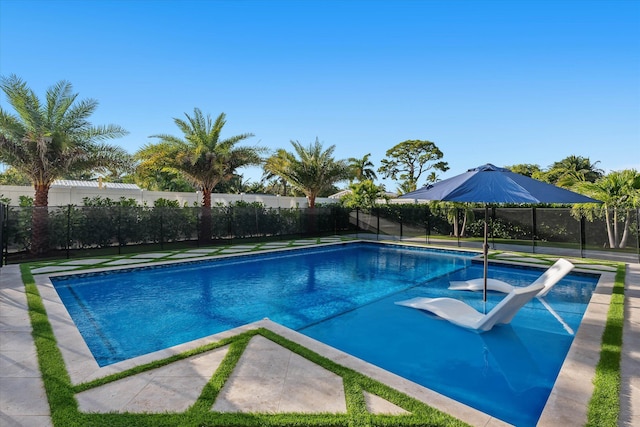 view of swimming pool with a fenced in pool and fence