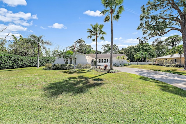 view of front of house with a front lawn, an attached garage, driveway, and stucco siding