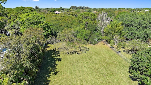 drone / aerial view with a wooded view