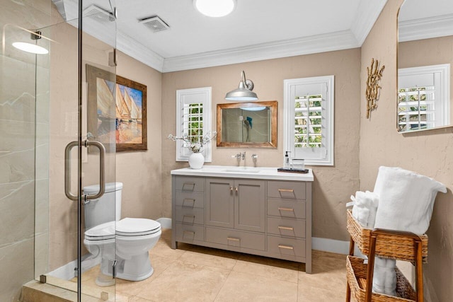 bathroom featuring a stall shower, a healthy amount of sunlight, and crown molding