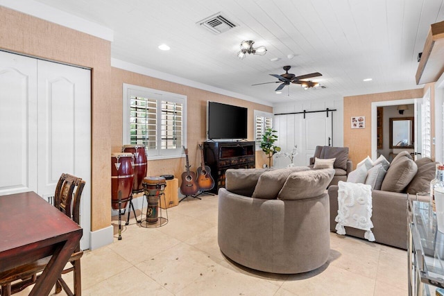 living room featuring light tile patterned floors, a barn door, visible vents, wood ceiling, and ceiling fan