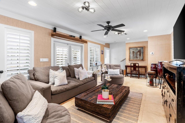 living area featuring light tile patterned floors, wooden ceiling, visible vents, and recessed lighting